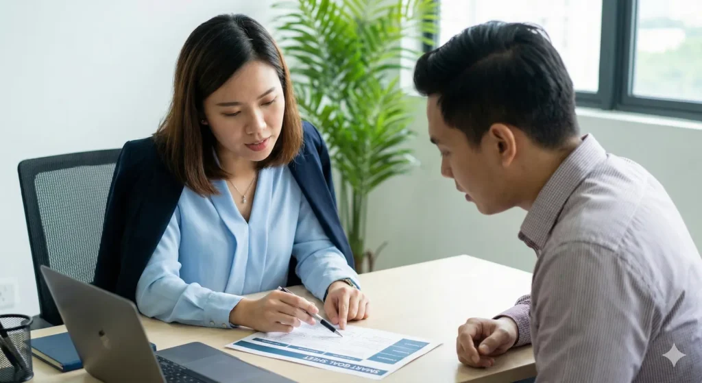 Setting SMART goals during leadership training for managers.
