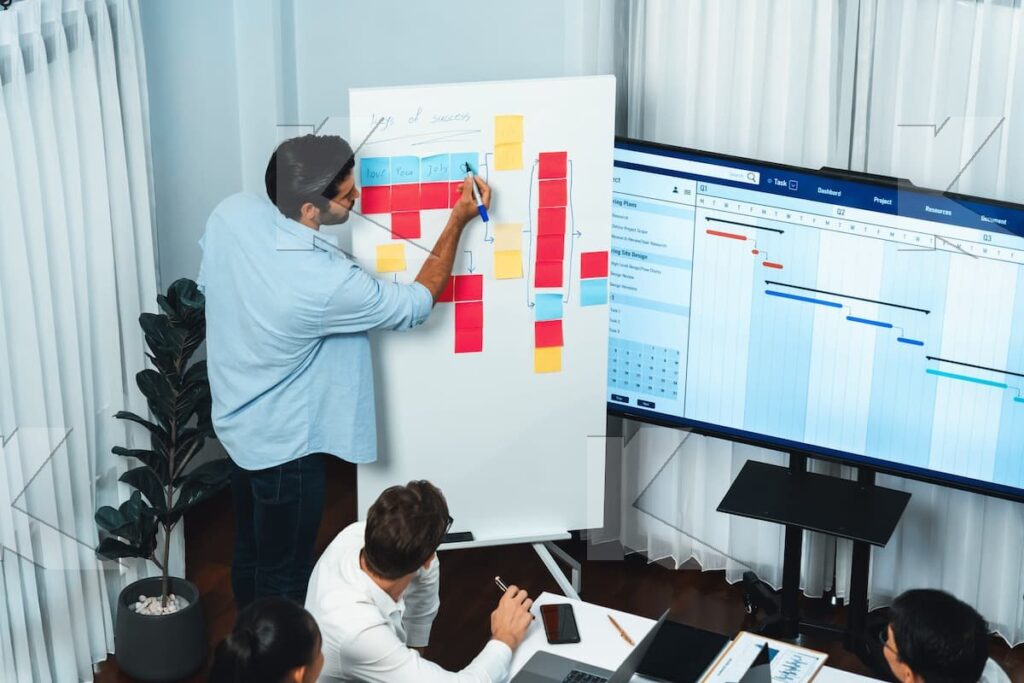 A participant builds a Gantt chart on the whiteboard in a Kognifi Project Management class