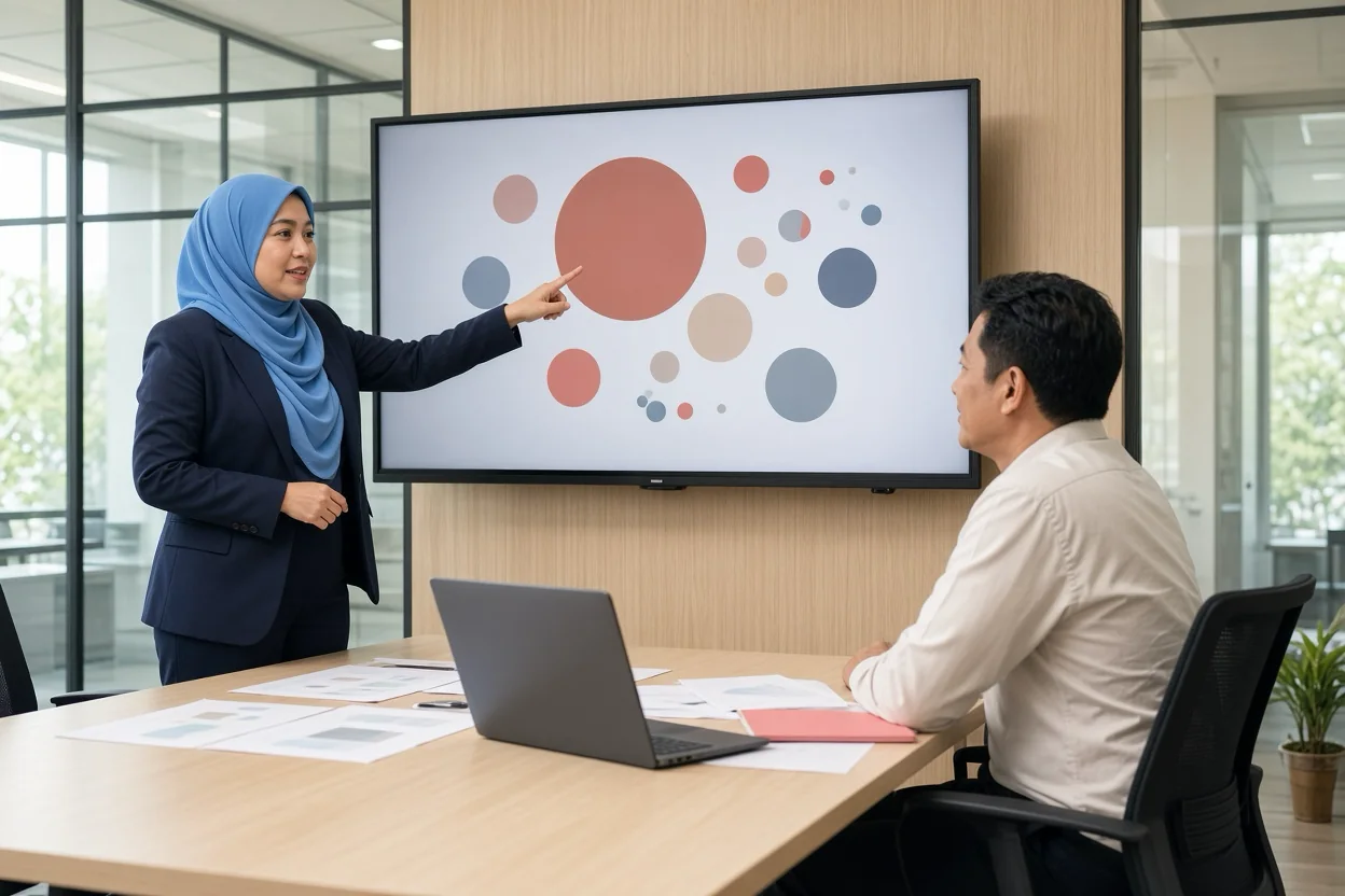 Kognifi illustration: a key account manager points at the largest client account on a wall screen while a colleague listens across the table (illustrative AI image)