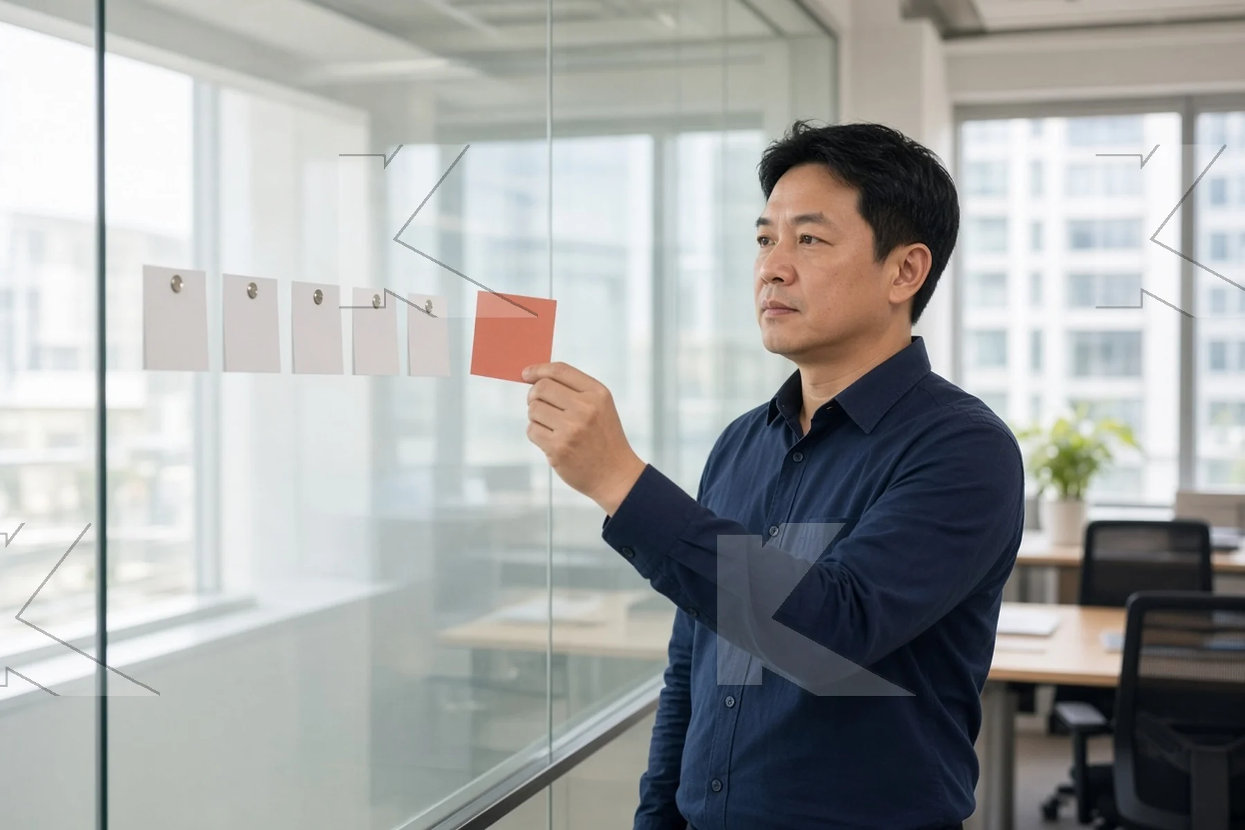 Kognifi illustration: a brand manager holds one card up to a row of five on a glass wall as he chooses (illustrative).