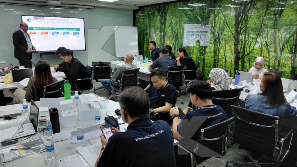 Participants work while the trainer explains a slide in a Kognifi Business Communication, Negotiation and Data Visualization class