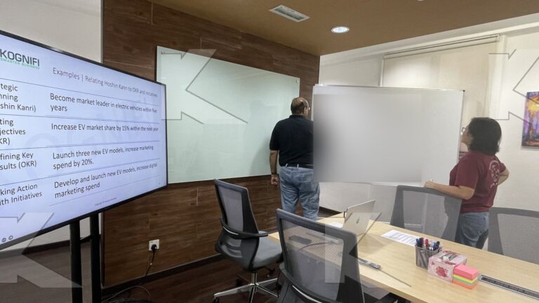 The trainer and a participant work on goals at the whiteboard in a Kognifi KPI and Metrics Management class