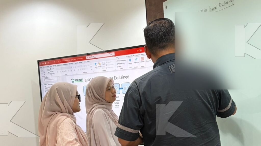 The trainer and participants at the process map in a Kognifi Lean Six Sigma class