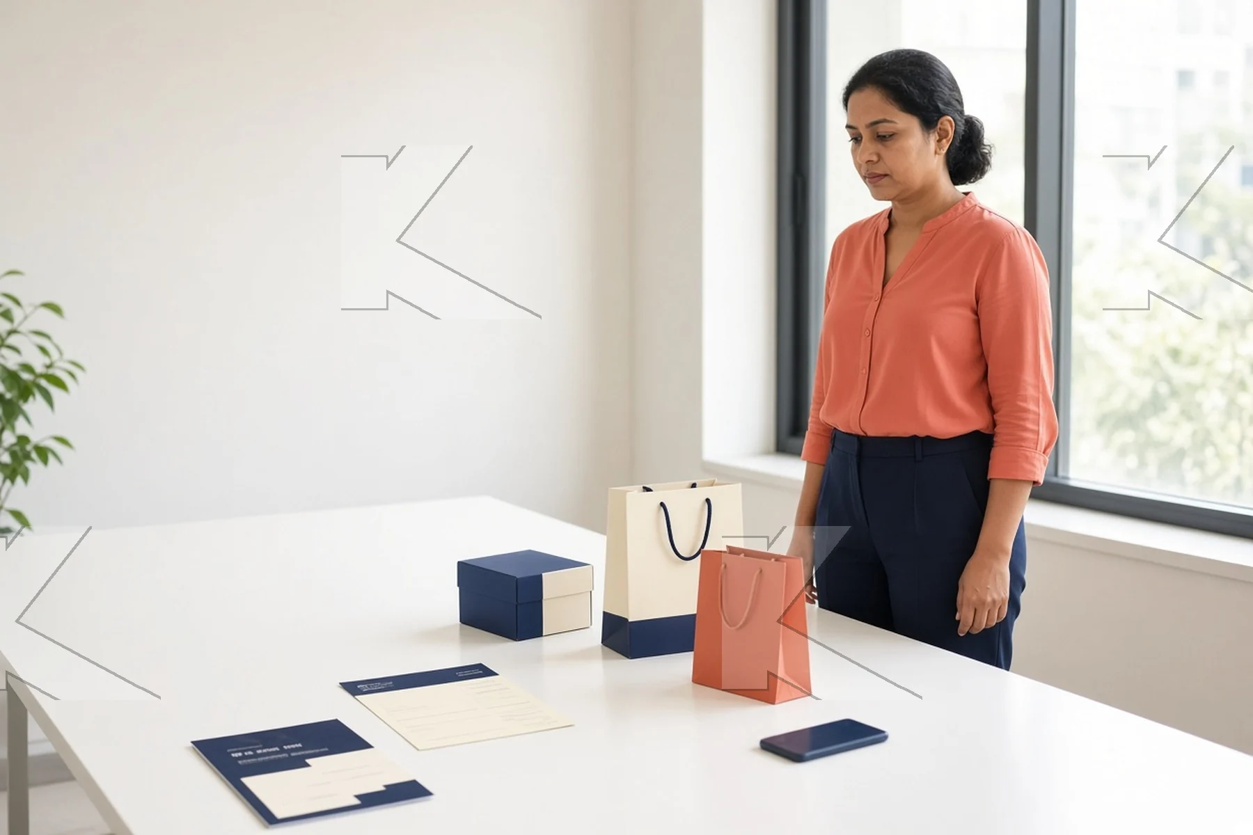 Kognifi illustration: a marketing manager checks a row of customer materials and spots the bag that does not match (illustrative).