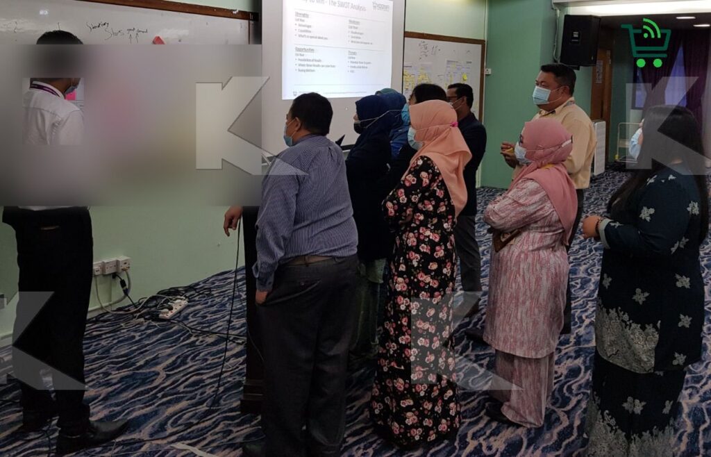 Kognifi Marketing Strategy class: participants stand together to review a slide on the screen