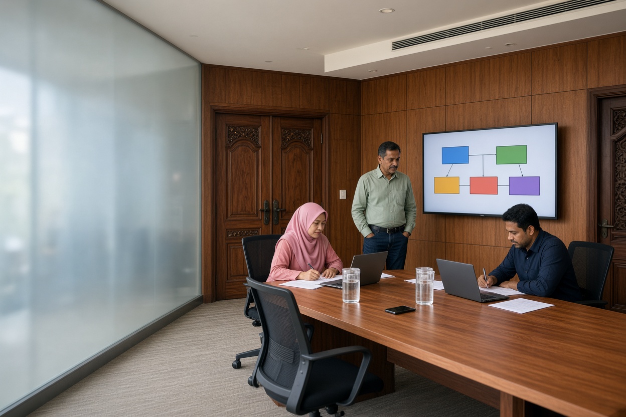 An accredited trainer watches participants work on their own plans.