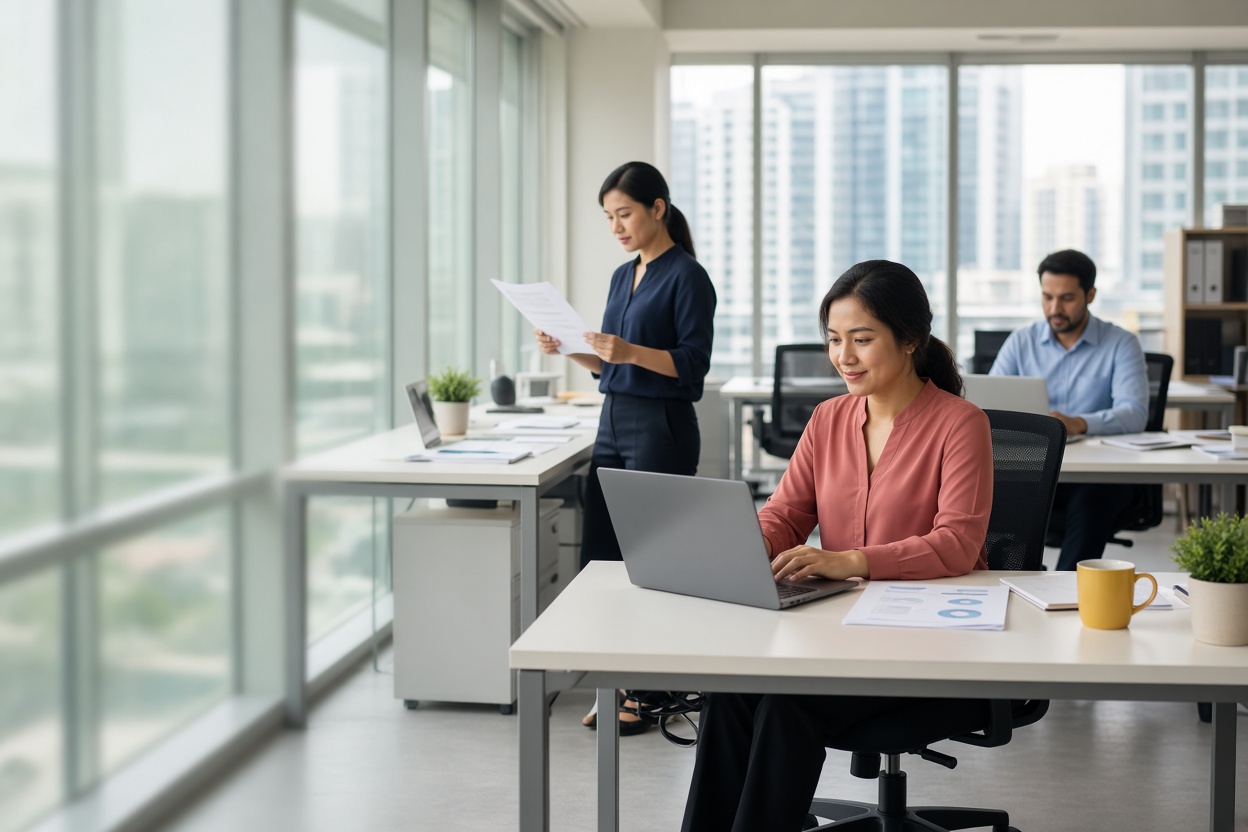Two colleagues work at their own desks in a bright open office.