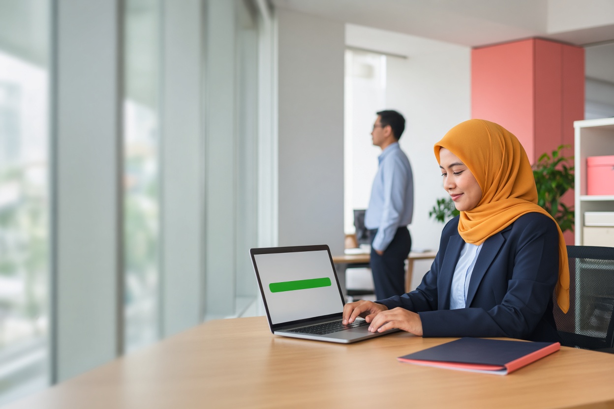A finance officer follows a claim on her laptop while it reaches the final step.