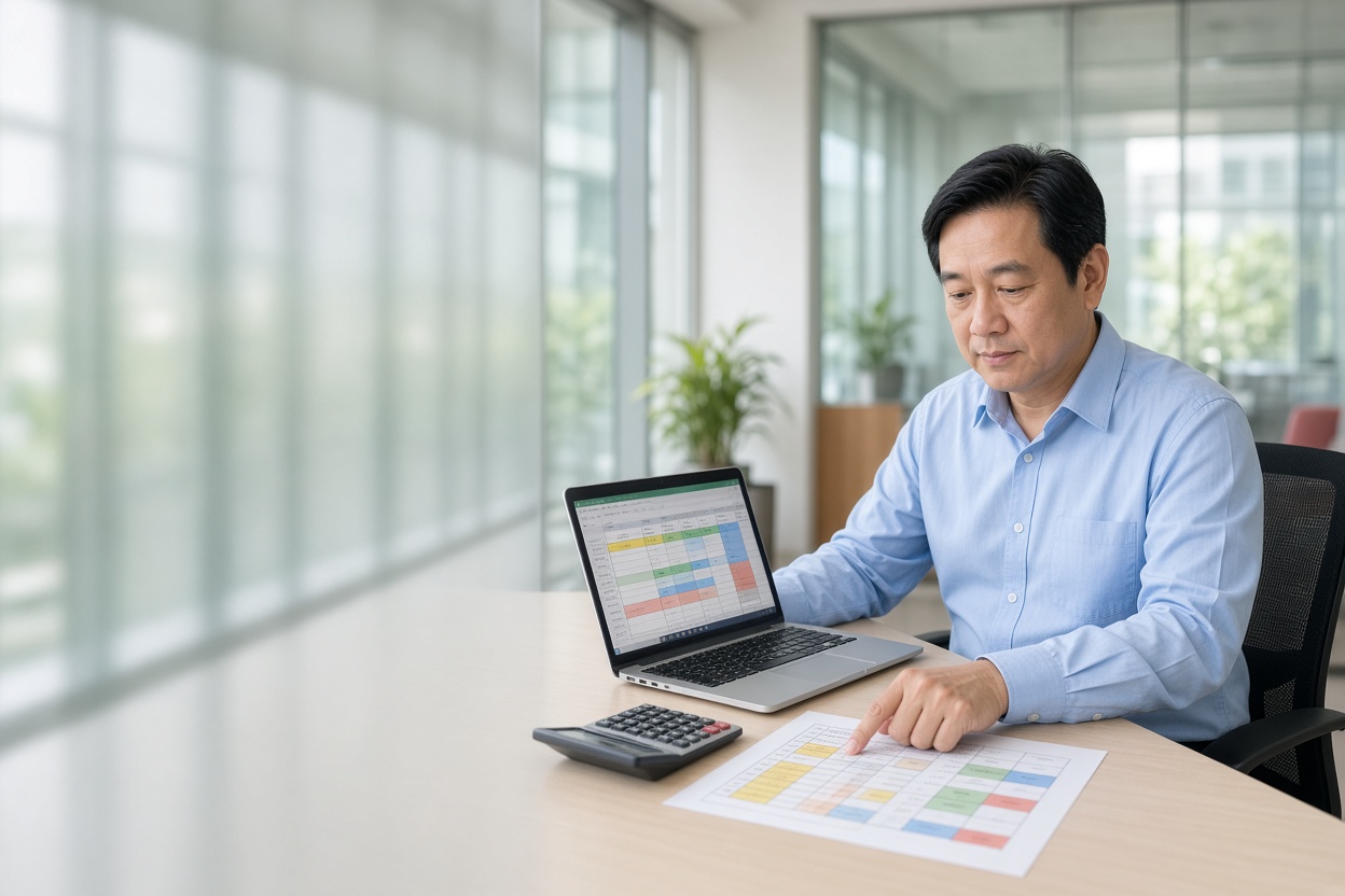 A finance officer checks a training budget with a calculator and a laptop.