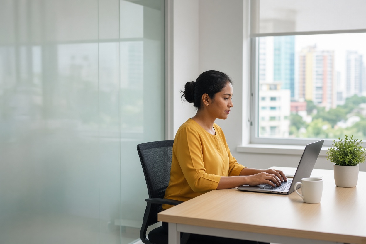 An HR officer completes a registration on her laptop at her own desk.
