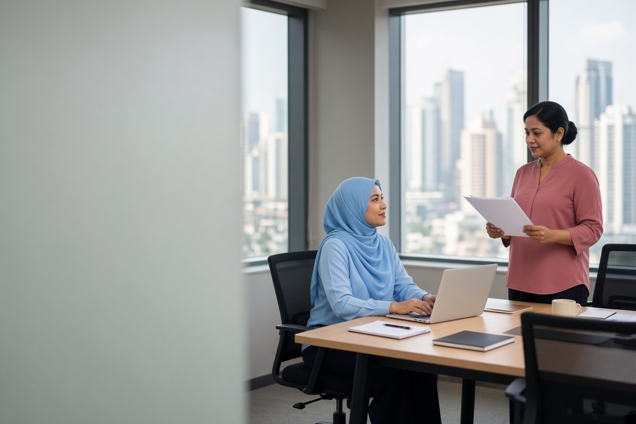 An HR officer and a colleague review a training plan in a meeting room.