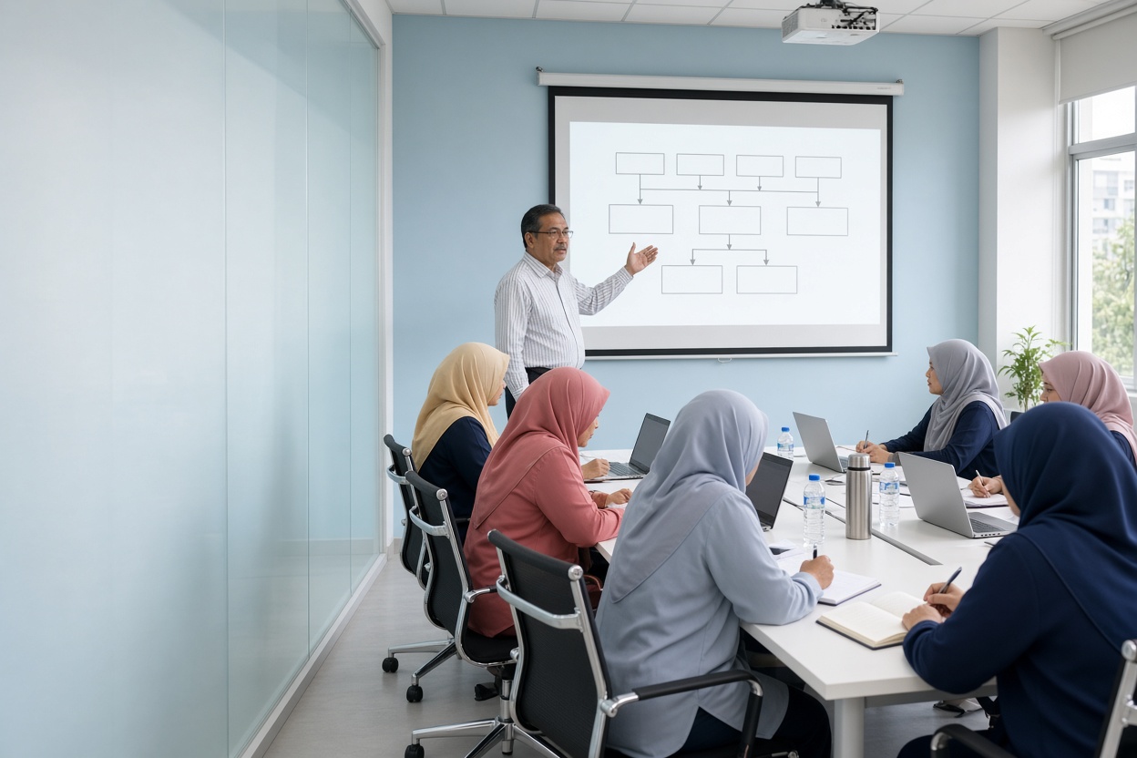 A trainer explains the training plan to a Kognifi class.
