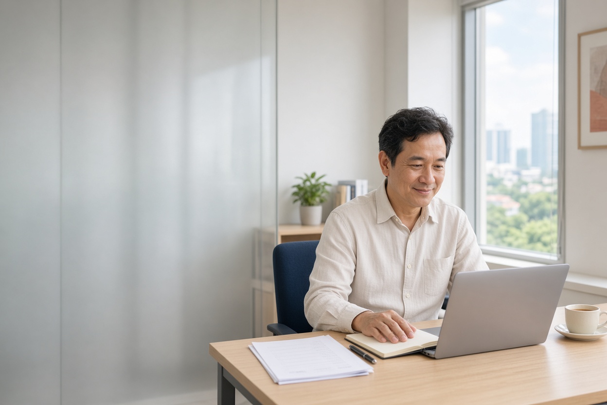 A man at his desk by a window closes his notebook after he finishes a task (illustrative AI image)
