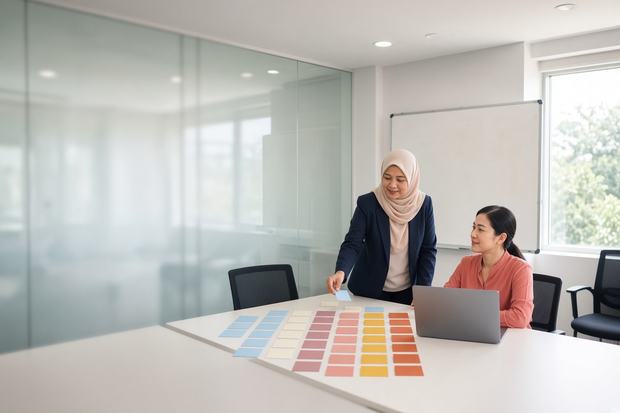 A training manager and a colleague sort coloured skill cards on a table.