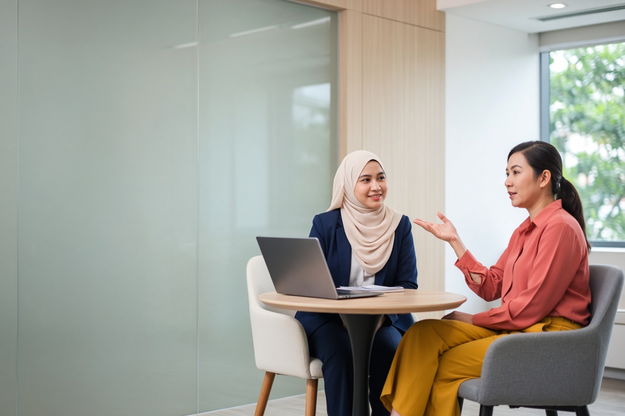 An HR officer asks a Kognifi adviser a question at a small table.