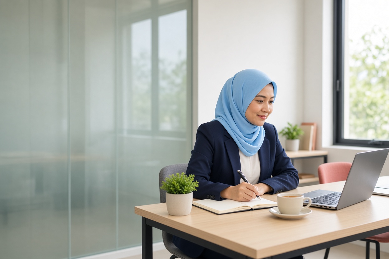 A professional takes notes next to her laptop at her own desk.