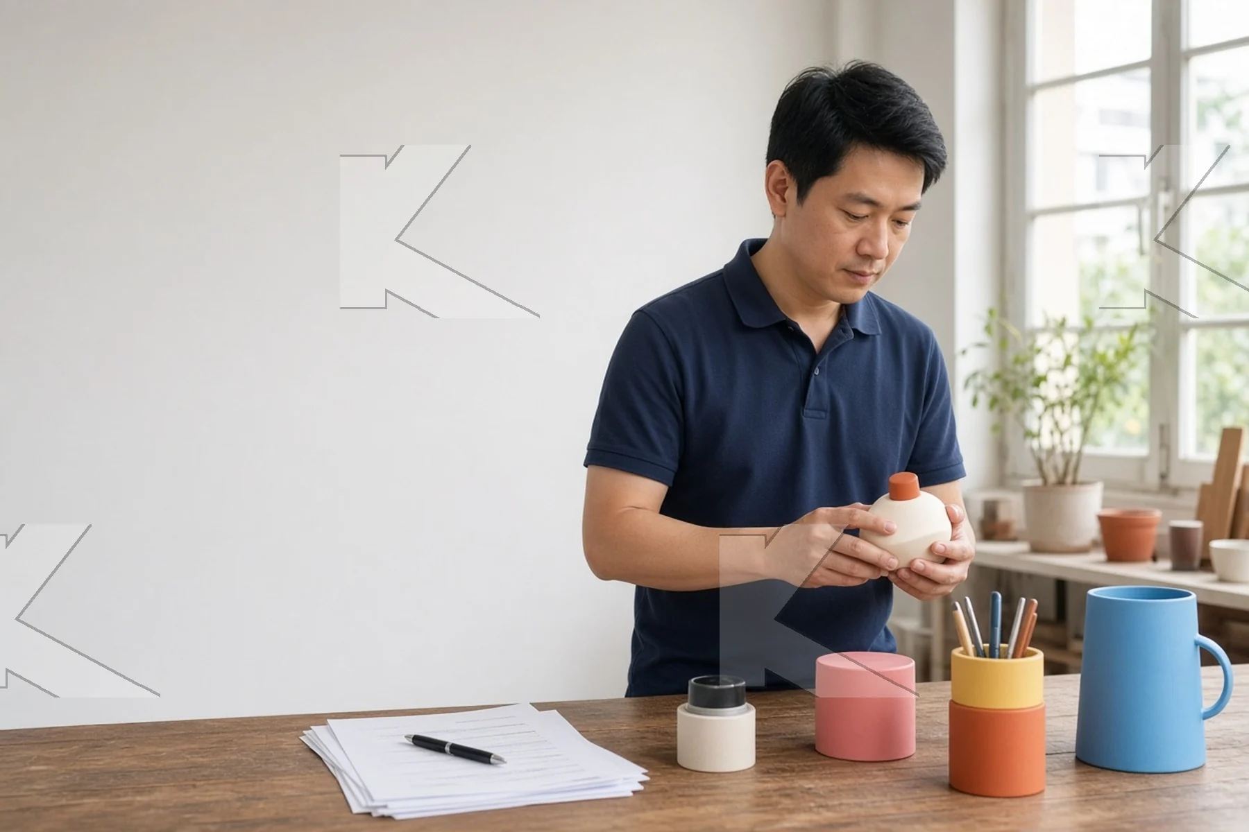 Kognifi illustration: a product developer tests a prototype at his workbench next to a stack of customer feedback forms (illustrative).