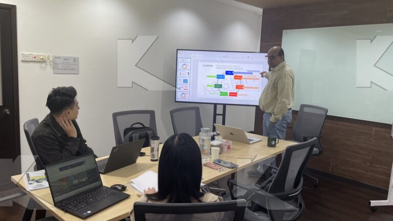 Trainer walks through a product development framework on screen in a Kognifi Product Development class