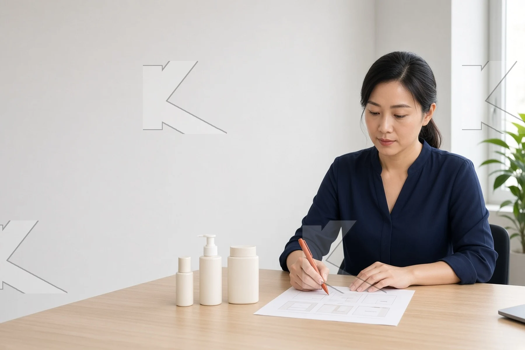 Kognifi illustration: a product executive marks the price block of a one-page product plan next to three sizes of one product (illustrative).
