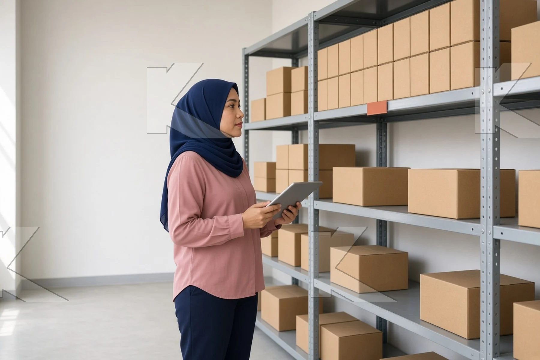 Kognifi illustration: a product manager checks a shelf of unsold stock in a stockroom (illustrative).