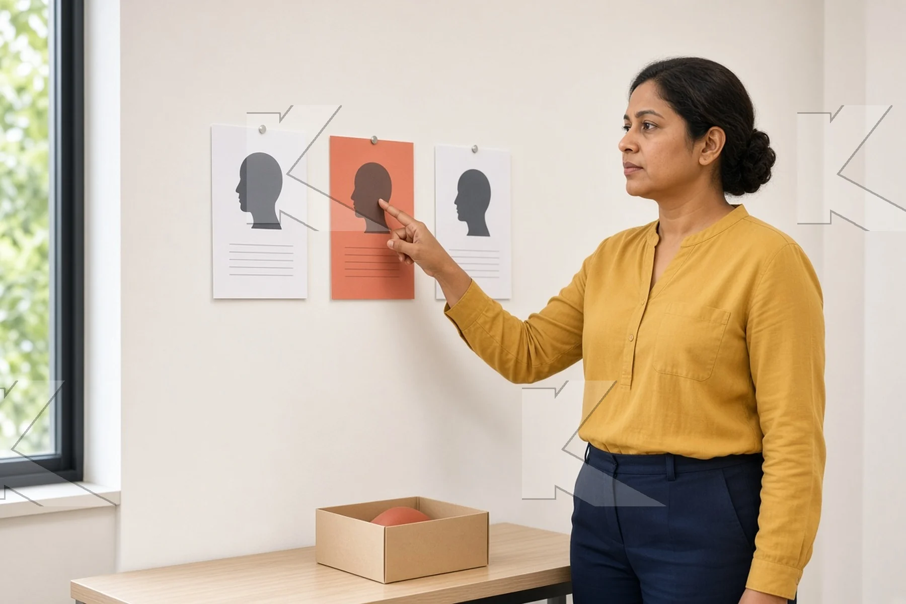 Kognifi illustration: a product manager points at one of three buyer persona cards on a wall (illustrative).