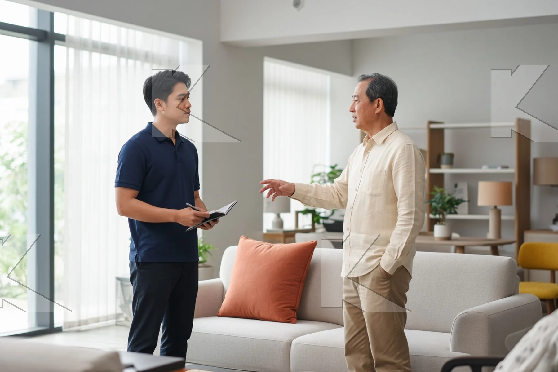 Kognifi illustration: a young salesman listens to a customer who points to a sofa in a furniture showroom (illustrative).