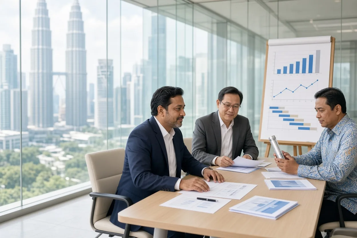 A business development manager and two partner executives agree a term sheet beside a flipchart of financial charts in a Kuala Lumpur meeting room (illustrative AI image)