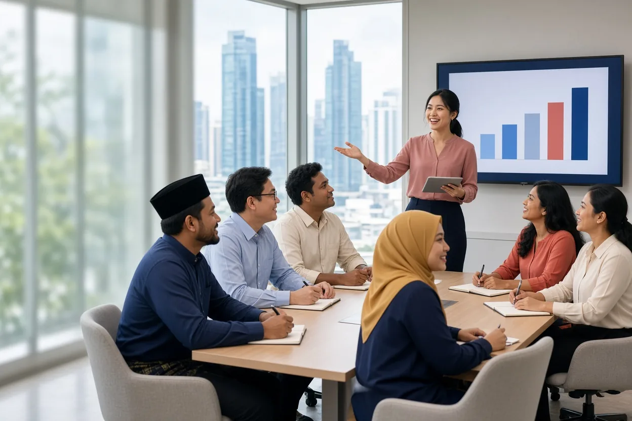 A presenter beside a wall screen with a bar chart makes her point to six colleagues who face her, one with a hand raised (illustrative AI image)