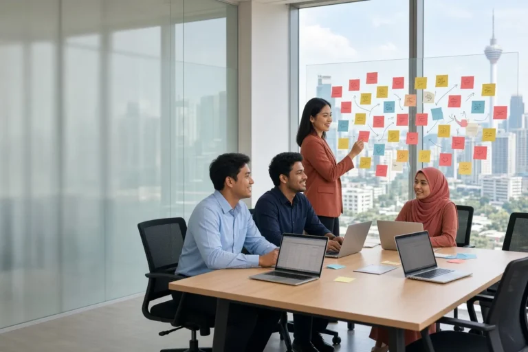 A planner completes a strategy map of sticky notes on a glass wall while three colleagues look up from their spreadsheets (illustrative AI image)