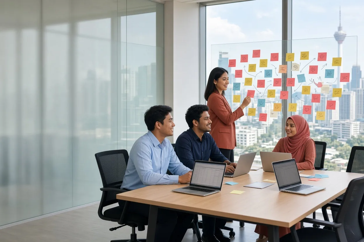 A planner completes a strategy map of sticky notes on a glass wall while three colleagues look up from their spreadsheets (illustrative AI image)