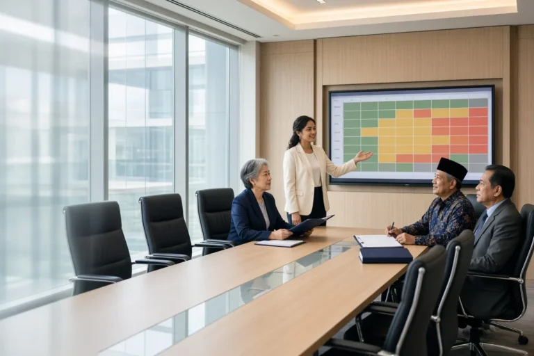 A compliance officer explains a resolved line of the risk register on a wall screen to three directors with a clipboard and a bound report (illustrative AI image)