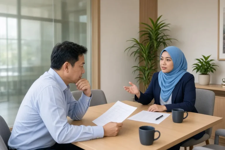 An HR business partner explains a development plan to a line manager across the table in a quiet meeting room (illustrative AI image)