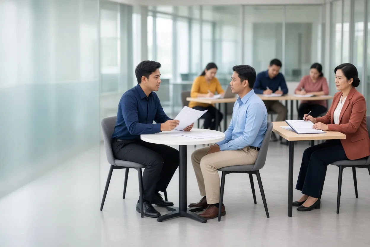 Two participants role-play a sales conversation while an assessor scores it on a rubric (illustrative AI image)