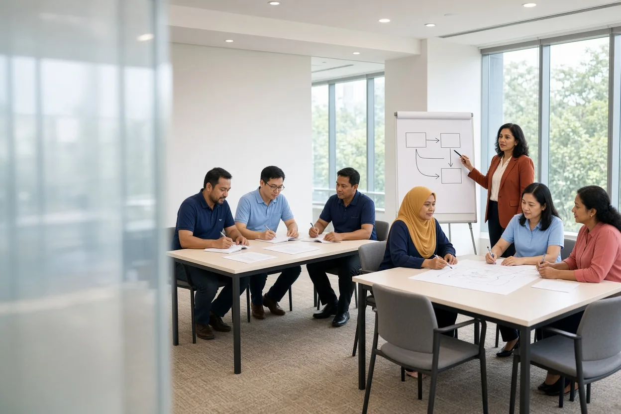 A facilitator guides a client team working in small groups on their own case at the client's office (illustrative AI image)