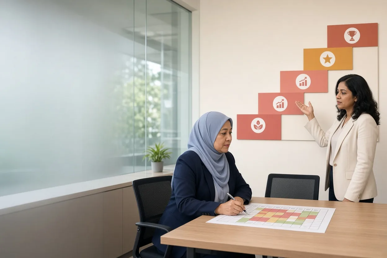 A consultant explains the career path steps while an L&D manager marks each person's starting point on an assessment grid (illustrative AI image)