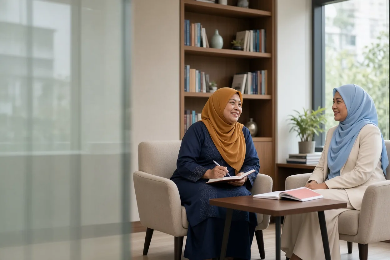 A director and her coach talk in two armchairs in the director's private office (illustrative AI image)