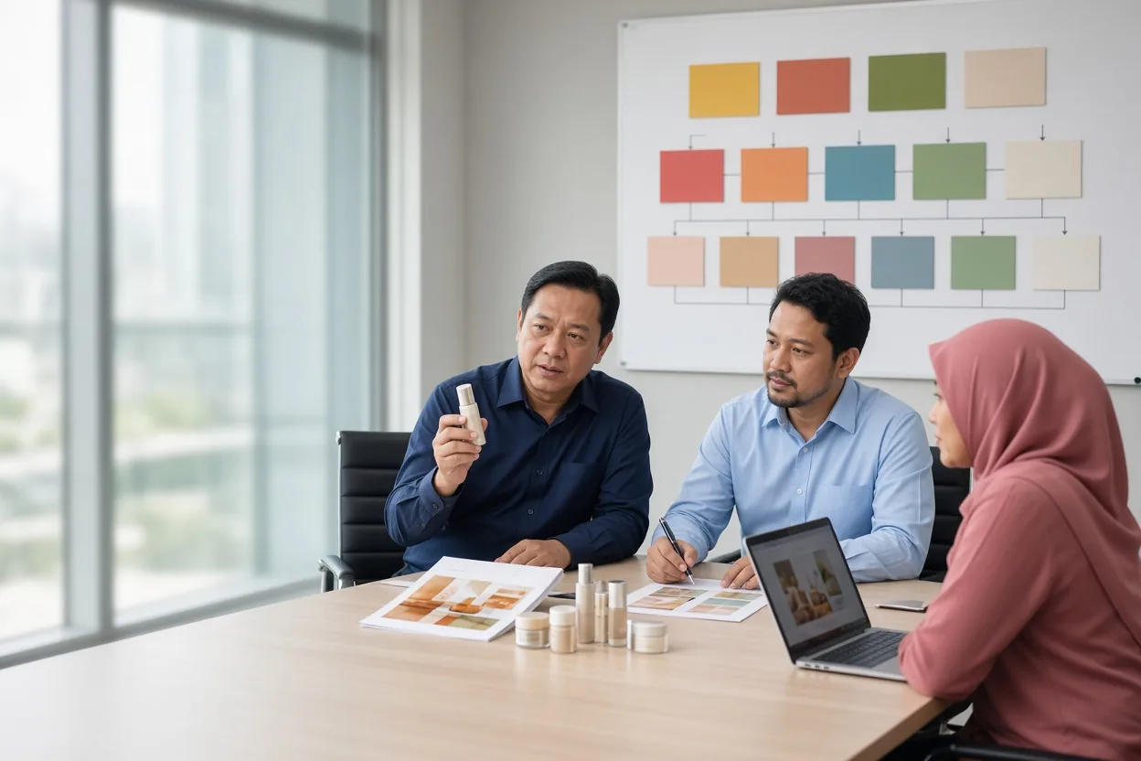A sales director shows a product sample while a programme designer plans the modules around the client's products (illustrative AI image)