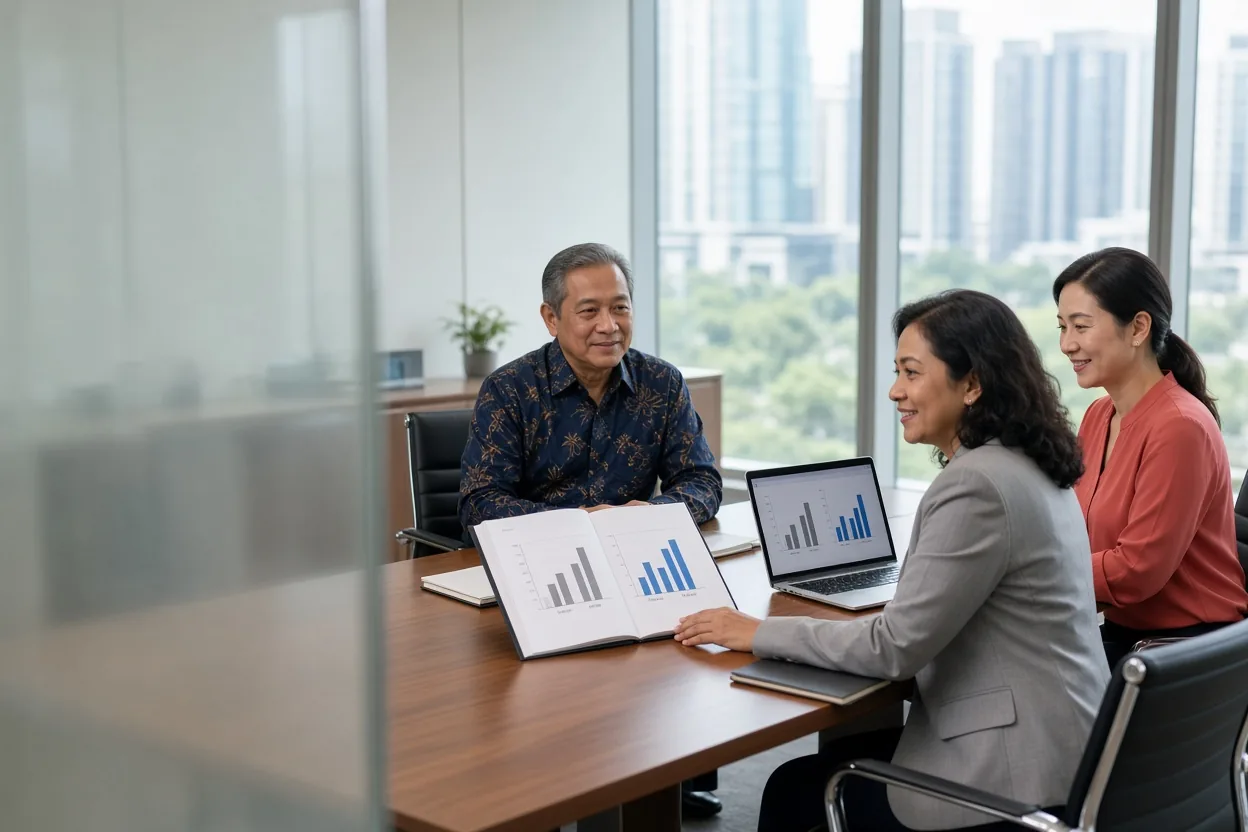 A consultant and an HR manager show a general manager the before-and-after results in the training report (illustrative AI image)