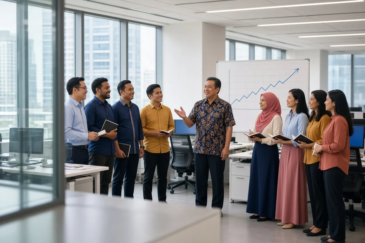 A department head stands in front of his team of eight on the office floor and sets the target while the team responds (illustrative AI image)