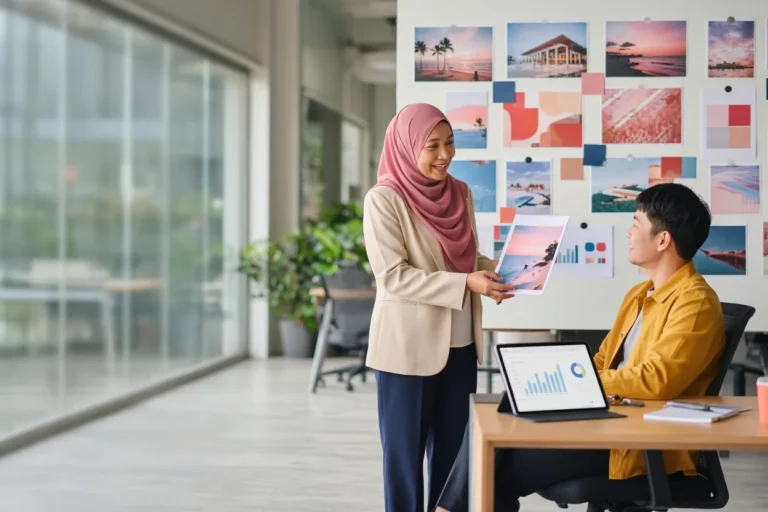 Kognifi illustration: a marketing manager turns from a wall of campaign concepts with the chosen concept while an executive shows the campaign dashboard on a tablet (illustrative AI image)