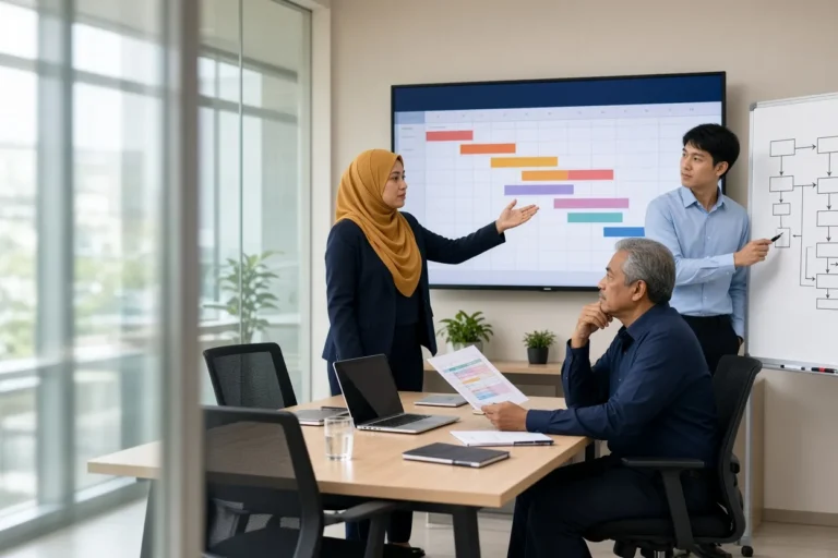 A project manager points to a milestone on the project timeline on a wall screen while the operations manager reviews the printed schedule and an engineer works at the process flow (illustrative AI image)
