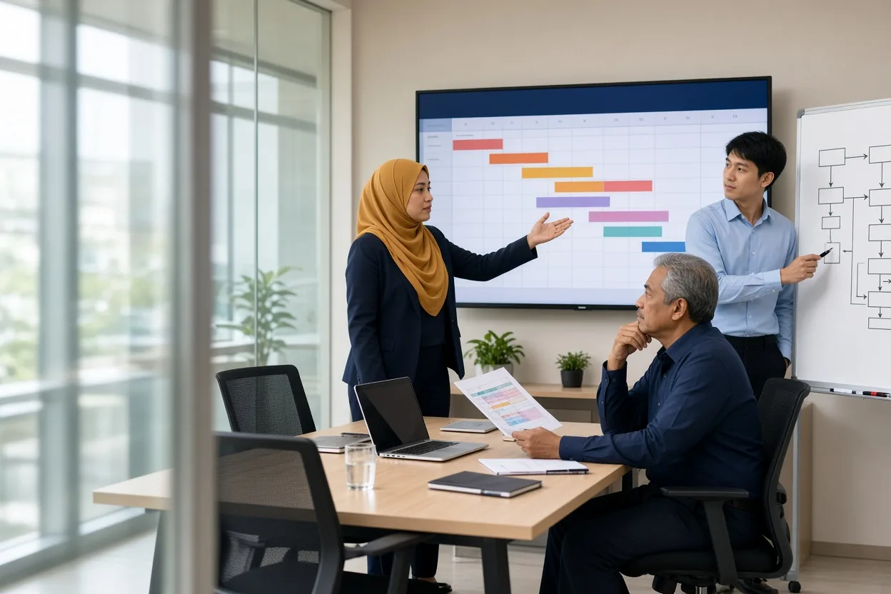 A project manager points to a milestone on the project timeline on a wall screen while the operations manager reviews the printed schedule and an engineer works at the process flow (illustrative AI image)