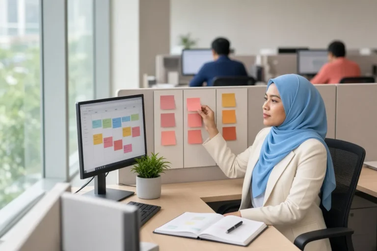 A professional moves a task card to the next column on her task board at her own organised workstation, a weekly calendar on screen (illustrative AI image)