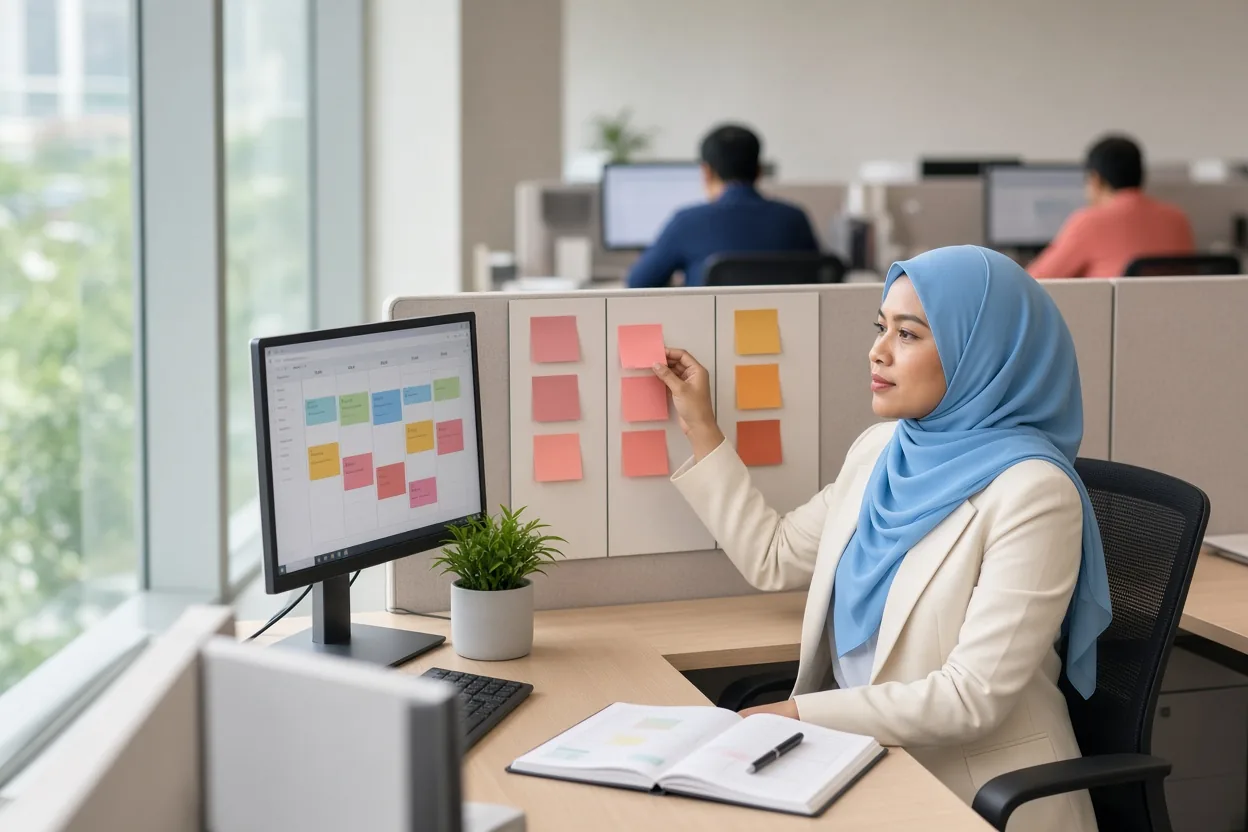 A professional moves a task card to the next column on her task board at her own organised workstation, a weekly calendar on screen (illustrative AI image)