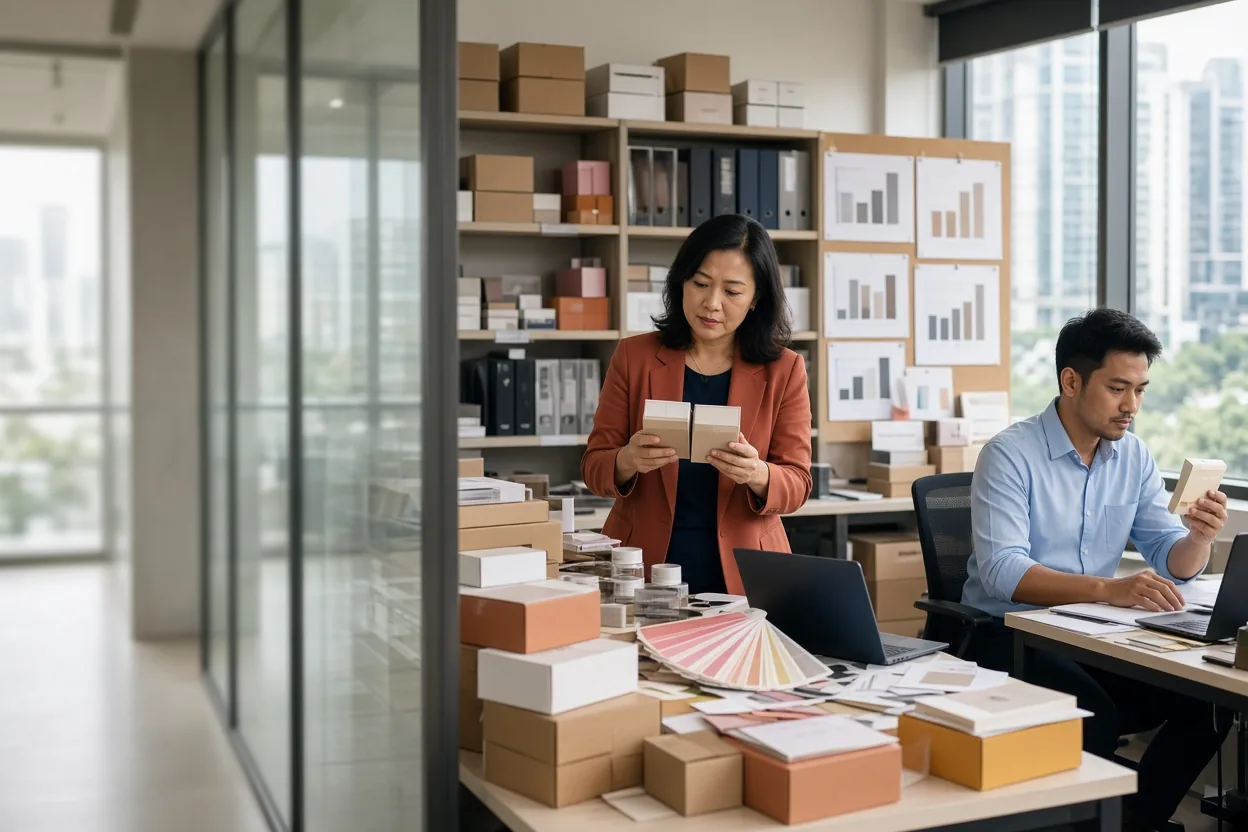 A product manager compares two packaging prototypes at a busy workstation of samples, colour swatches and sales charts (illustrative AI image)