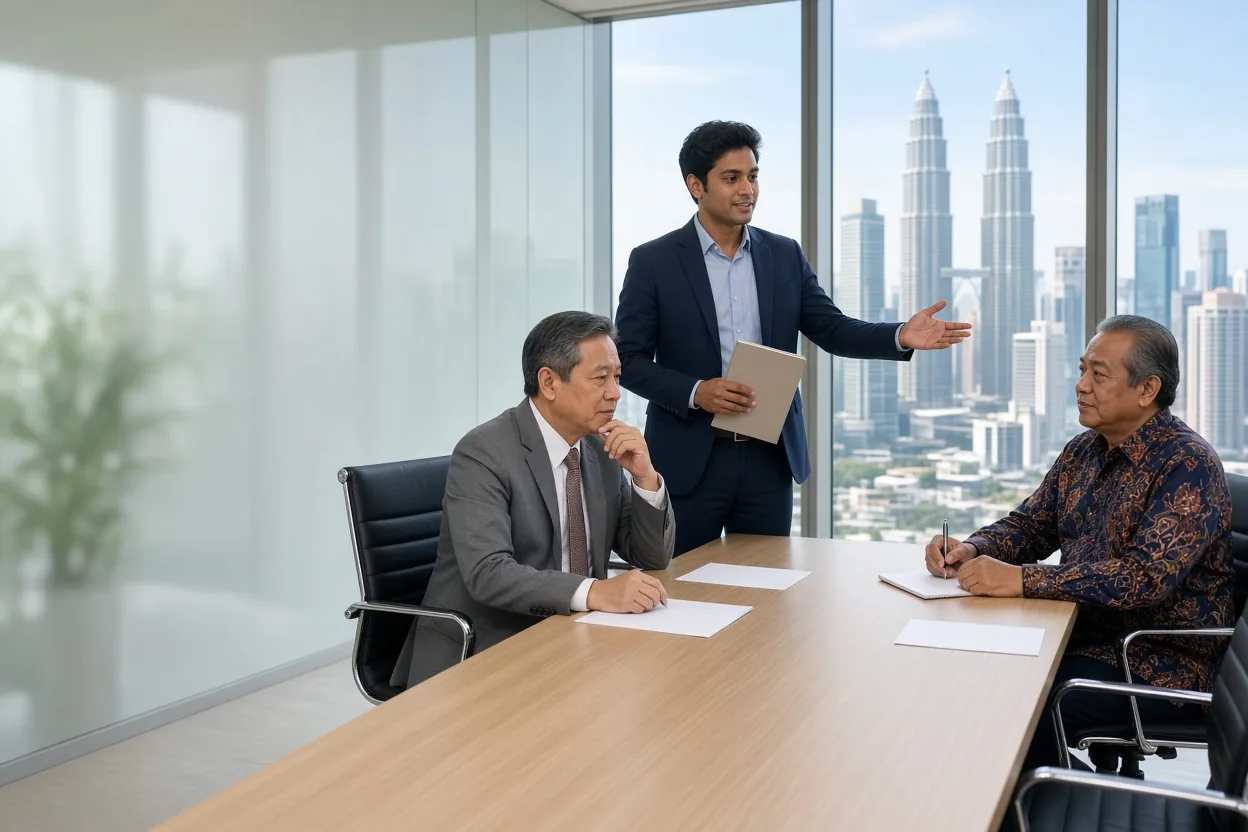 A salesman stands and presents a printed proposal to two senior buyers in a Kuala Lumpur boardroom (illustrative AI image)