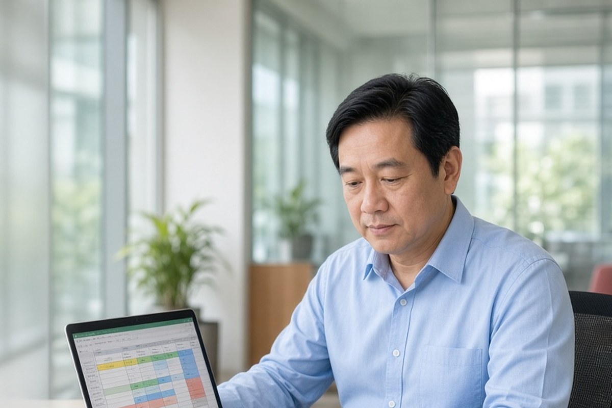 A finance officer checks a training budget on his laptop at his own desk.