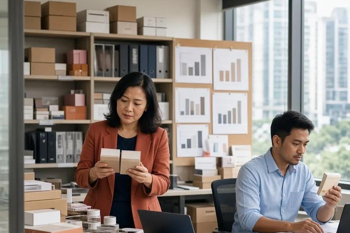 Kognifi illustration: a product manager compares two packaging samples at a busy product desk while a colleague checks a sample at his own desk (illustrative).