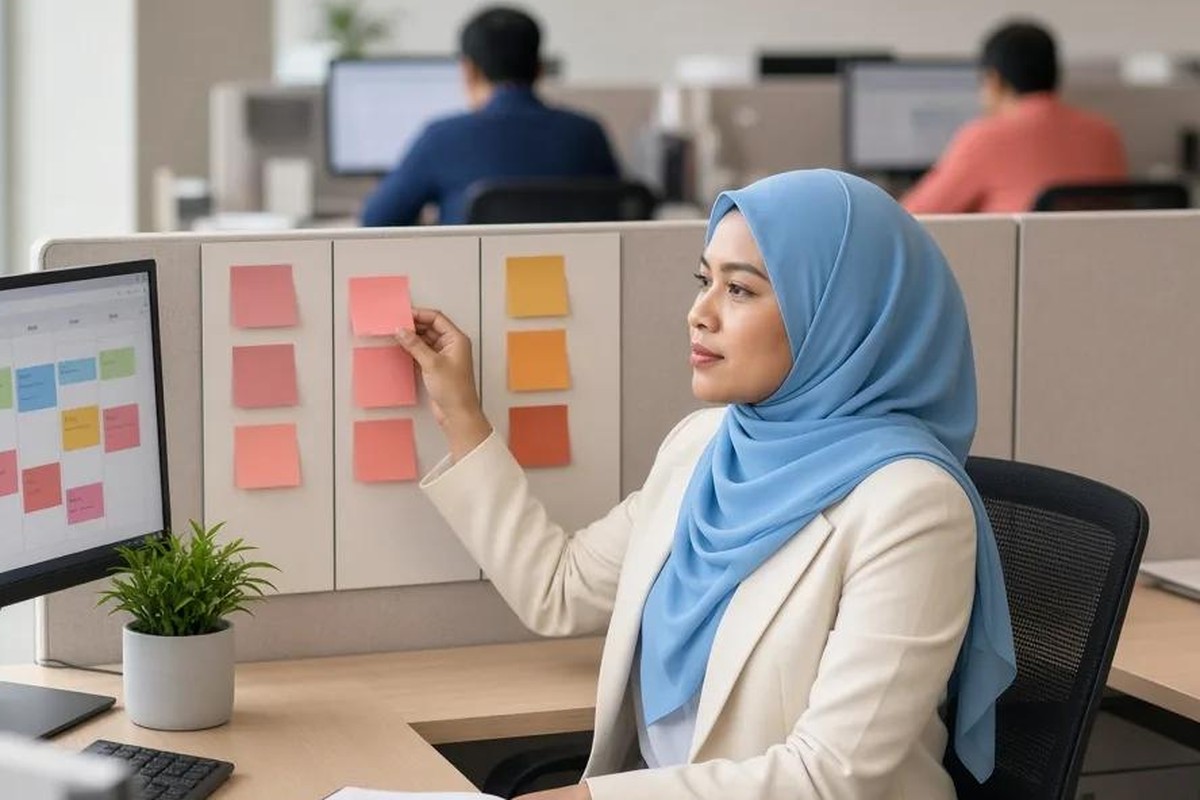 Kognifi illustration: a professional moves a task card to the next column on her task board at her own desk (illustrative).